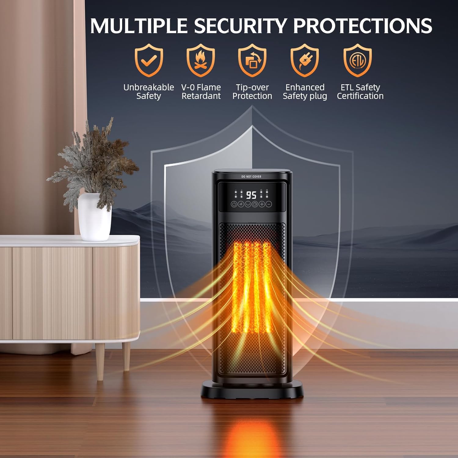 GIOFXY space heater emphasizing multiple security protections, including unbreakable safety, V-0 flame retardant material, tip-over protection, enhanced safety plug, and ETL safety certification. The heater emits warm air, showcasing its sleek design in a modern home setting