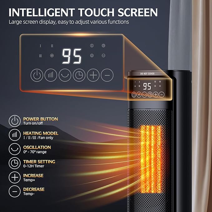 GIOFXY space heater with an intelligent touch screen display, showing adjustable settings for temperature, heating modes (I/II/III), oscillation range (0°-70°), and timer (0-12 hours). The sleek black heater emits warm air with glowing heating elements for efficient heating.