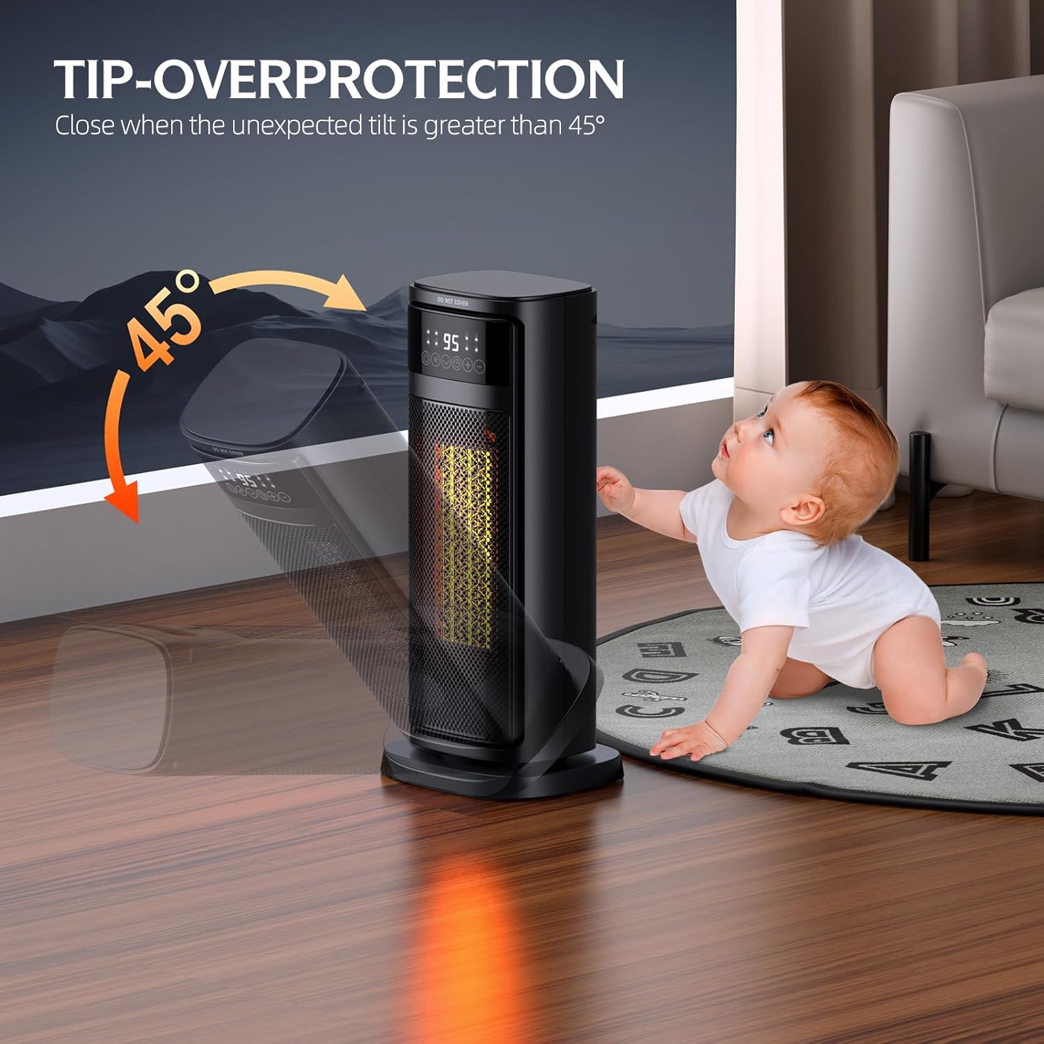 GIOFXY space heater showcasing its tip-over protection feature, which automatically shuts off the heater if tilted more than 45°. The image shows a baby nearby, emphasizing the safety mechanism for family-friendly use in a modern home environment