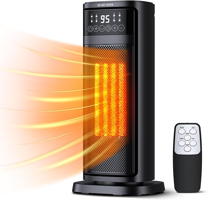 GIOFXY 1500W digital space heater in black with a sleek design, featuring a glowing heating element, digital display, touch controls, and a remote control for convenient operation. The heater emits warm air, ideal for home or office use.