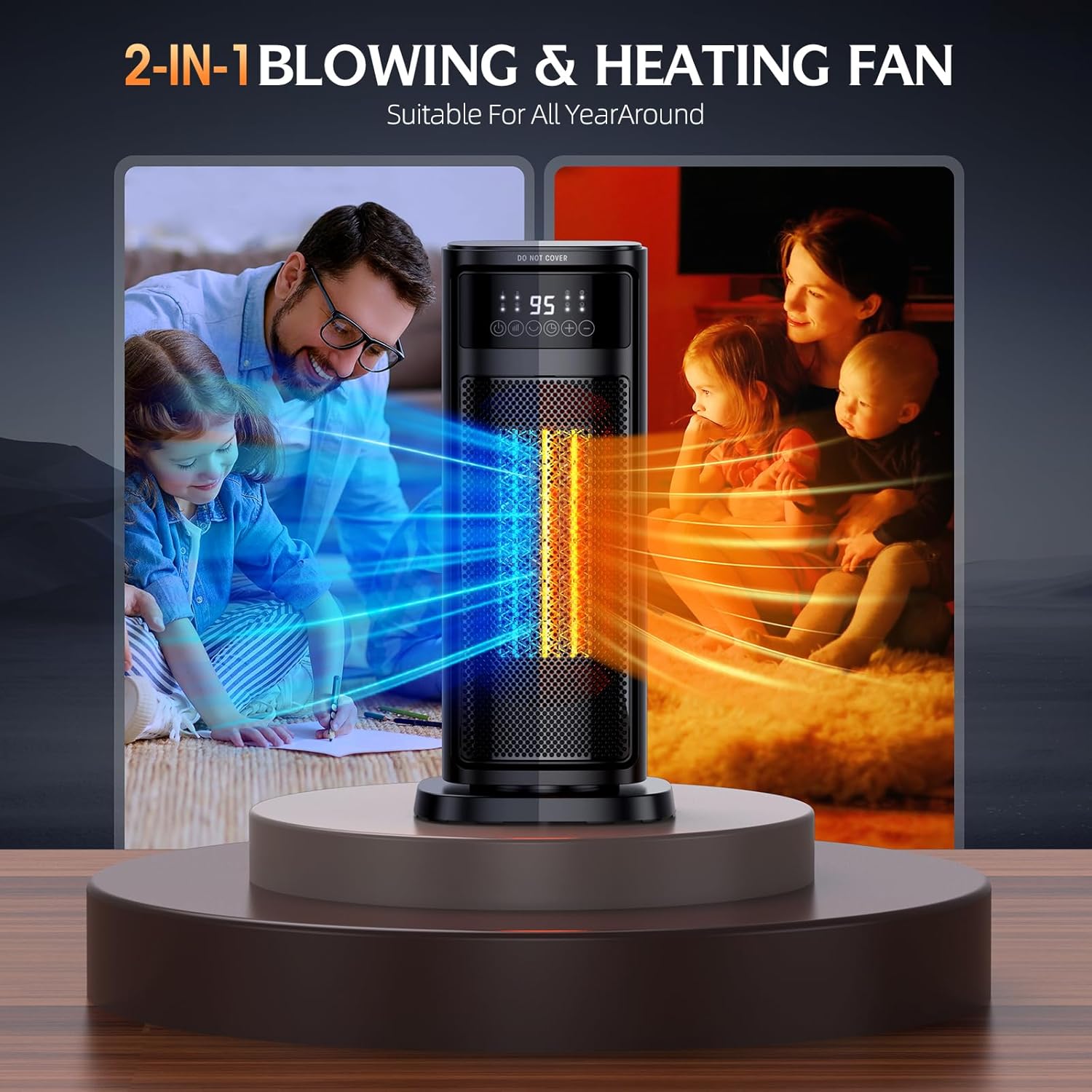 GIOFXY 2-in-1 blowing and heating fan, suitable for year-round use. The image shows the heater emitting blue cooling air and warm orange heating air, with glowing heating elements. It depicts families enjoying comfort in both warm and cool settings, highlighting its versatile functionality