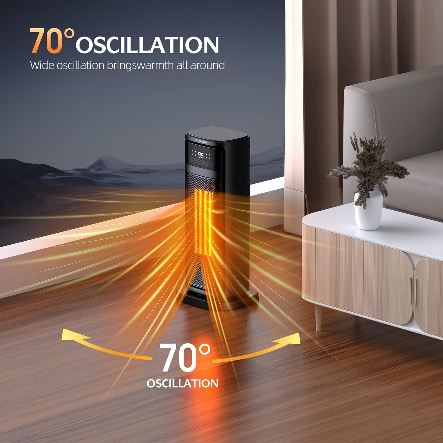 GIOFXY space heater with 70° oscillation, evenly distributing warmth throughout the room. The image highlights the heater's ability to provide wide coverage in a modern home setting, emitting warm air for all-around comfort.