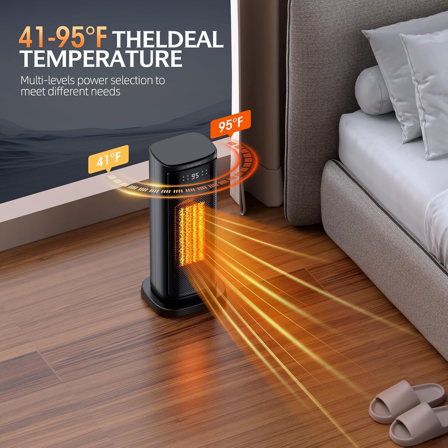 GIOFXY space heater with adjustable temperature range from 41°F to 95°F. The image highlights multi-level power selection to meet diverse heating needs, showing the heater emitting warm air in a bedroom setting for personalized comfort